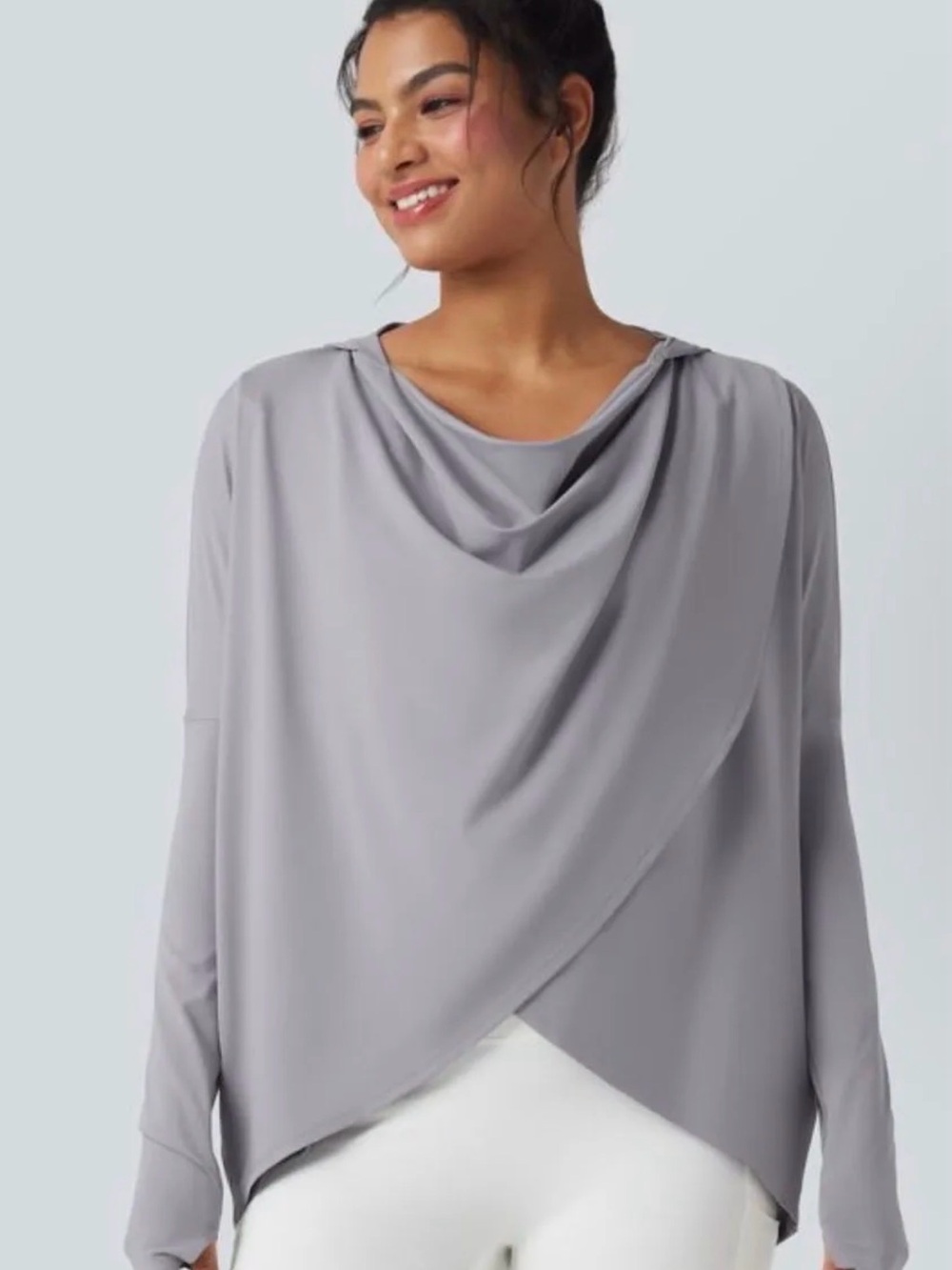 HALARA Light Gray Draped Cowl Neck Top
